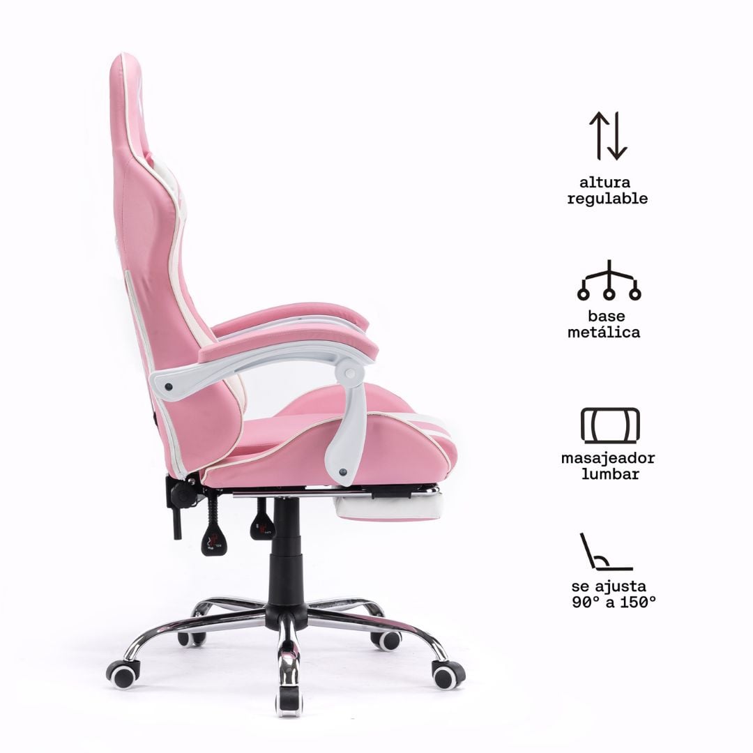 SILLA GAMER KUZLER ROSA MASAJEADOR LUMBAR REPOSAPIÉS Y BASE METÁLICA RIK-101R - 2