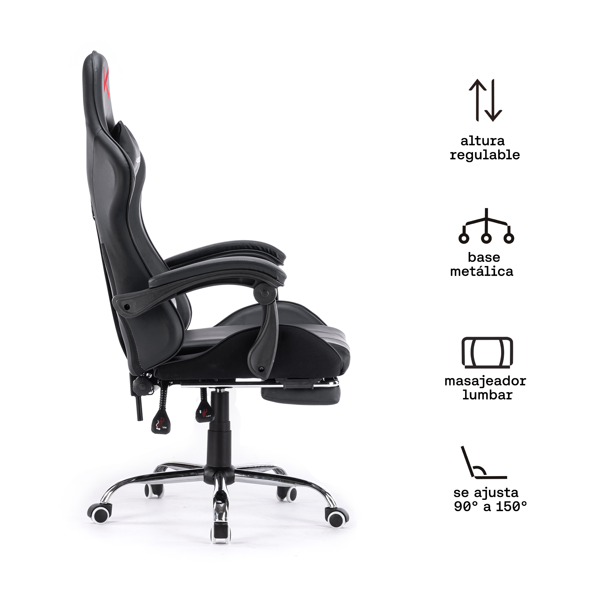 SILLA GAMER KUZLER NEGRA MASAJEADOR LUMBAR REPOSAPIÉS Y BASE METÁLICA RIK-101N - 2