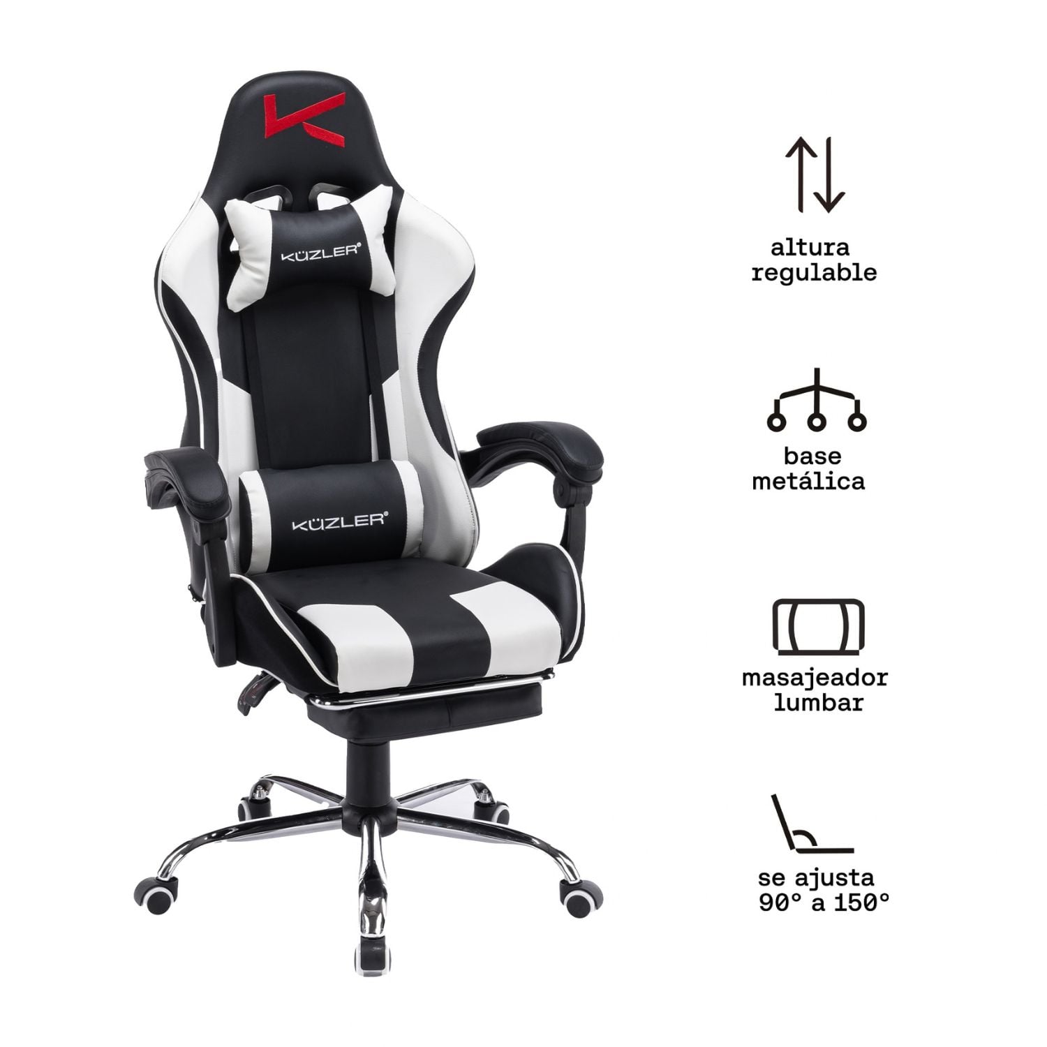 SILLA GAMER KUZLER BLANCA MASAJEADOR LUMBAR REPOSAPIÉS Y BASE METÁLICA RIK-101B - 2