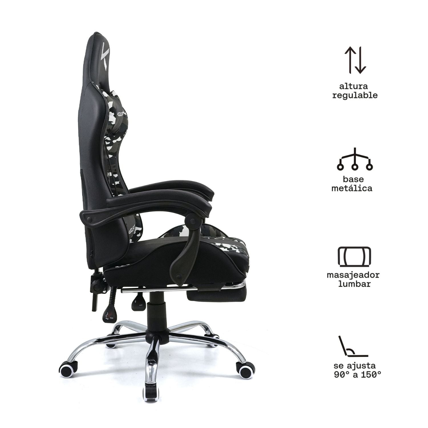 SILLA GAMER KUZLER CAMUFLADA MASAJEADOR LUMBAR REPOSAPIÉS Y BASE METÁLICA RIK-101CAMO - 2