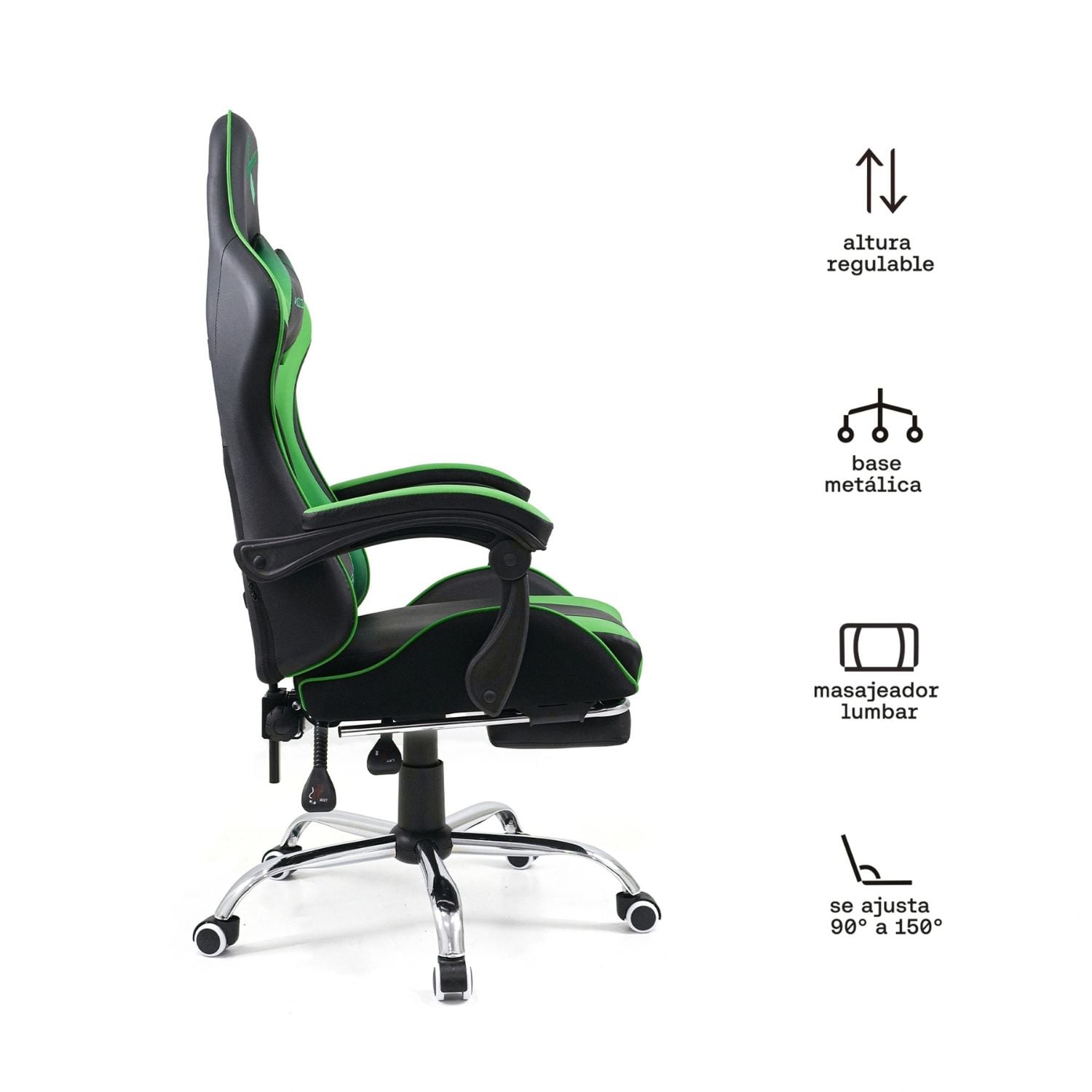SILLA GAMER KUZLER VERDE MASAJEADOR LUMBAR REPOSAPIÉS Y BASE METÁLICA RIK-101G - 2