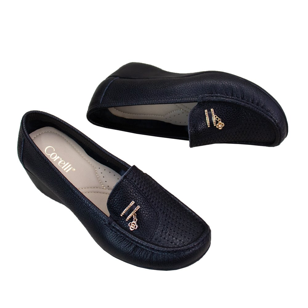 MOCASIN TACO CUÑA MUJER CORELLI ROSA CUERO NEGRO - 2