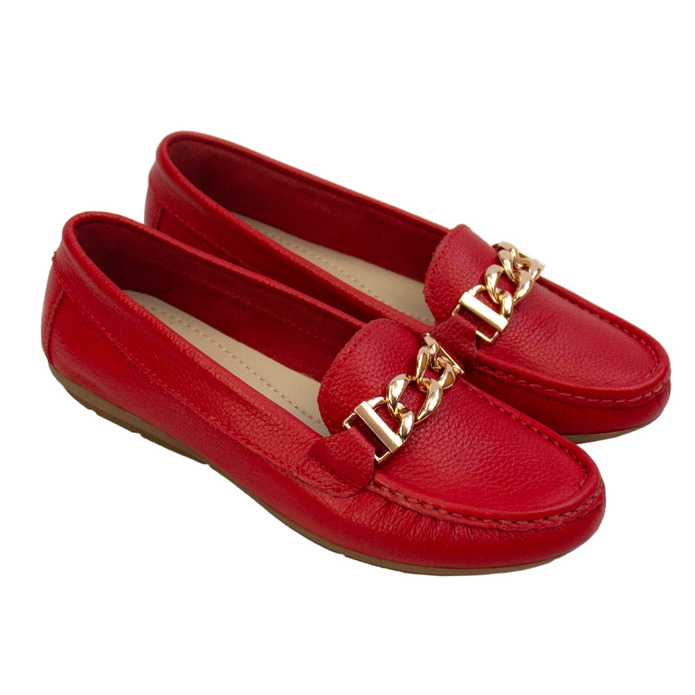 MOCASIN CHATO MUJER CORELLI CADENA CUERO ROJO - 1