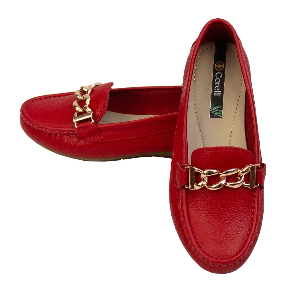 MOCASIN CHATO MUJER CORELLI CADENA CUERO ROJO - 2