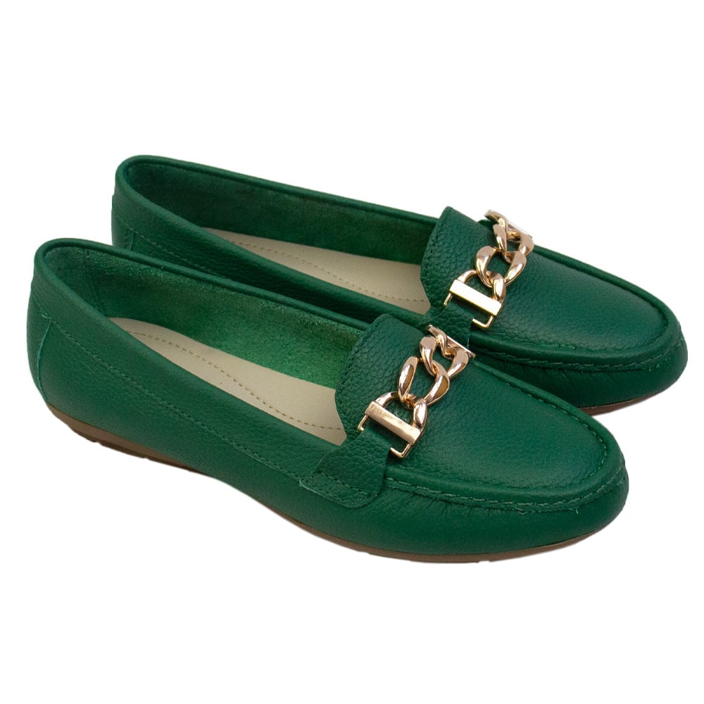 MOCASIN CHATO MUJER CORELLI CADENA CUERO VERDE HOJA - 1