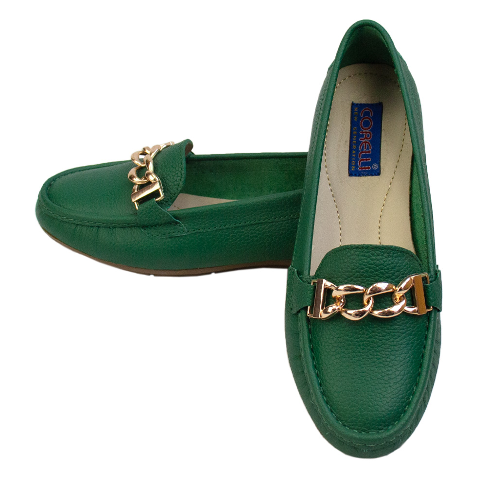 MOCASIN CHATO MUJER CORELLI CADENA CUERO VERDE HOJA - 2
