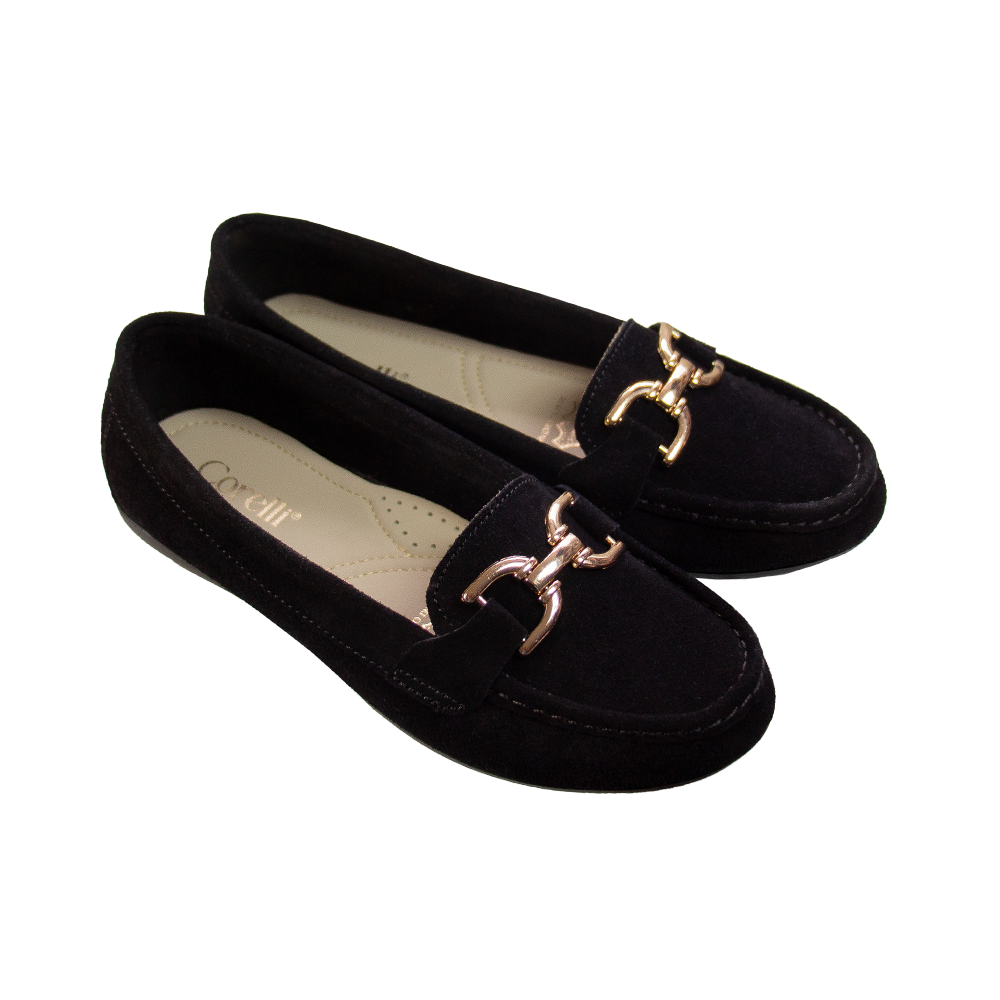 MOCASIN CHATO MUJER CORELLI DOLCE GAMUZA NEGRO - 1