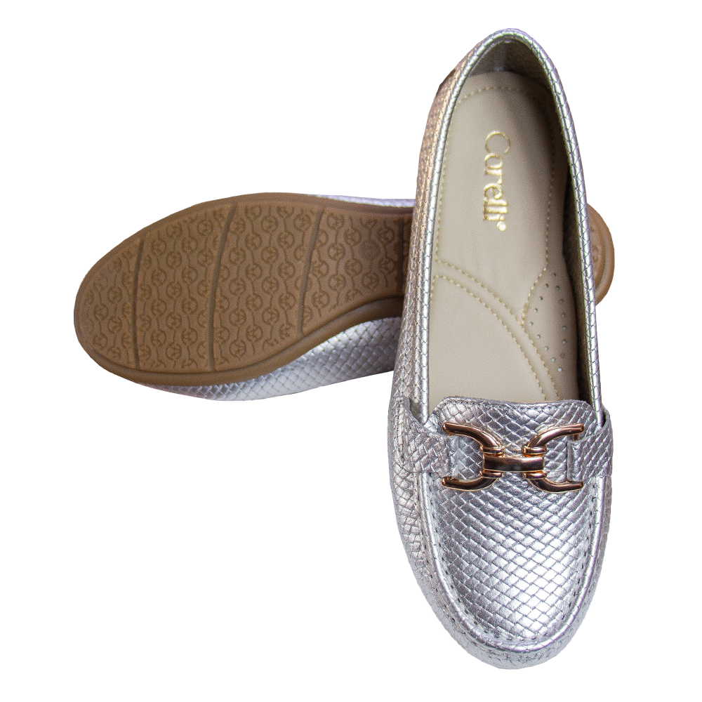 MOCASIN CHATO MUJER CORELLI DOLCE PITÓN PLATA - 2