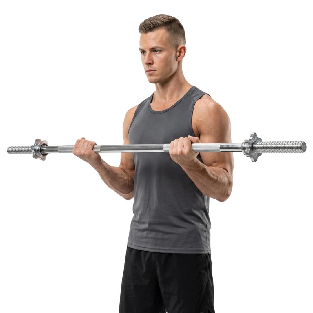 BARRA RECTA CROMADA 1.20 MT ESTANDAR PESAS Y DISCOS ENTRENAMIENTO FUERZA GYM FITNESS CALIDAD PROFESIONAL RESISTENTE PLATA UNISEX - 1