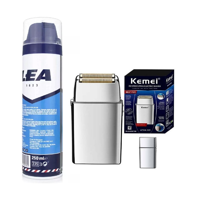 PACK ESPUMA DE AFEITAR LEA + AFEITADORA SHAVER PROFESIONAL KEMEI KM-TX5 - 1
