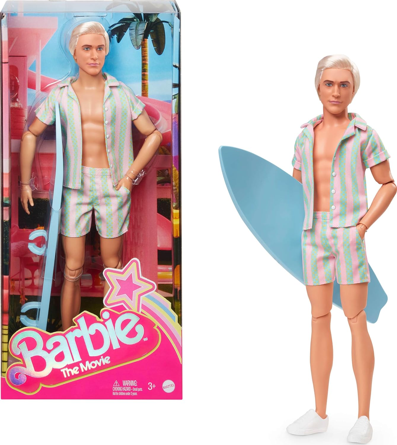 BARBIE THE MOVIE KEN CON TABLA A RAYAS ROSA PASTEL Y VERDE CON TABLA DE SURF Y ZAPATILLAS BLANCAS RYAN GOSLING - 1