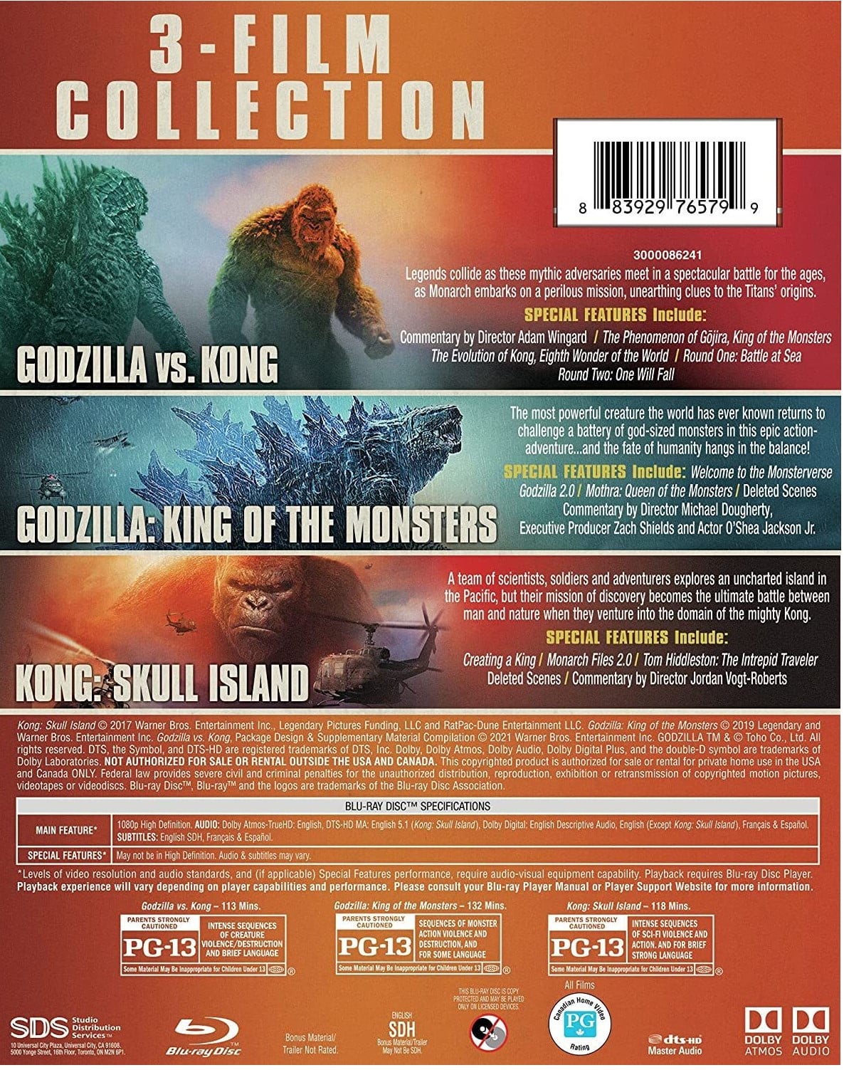 PELÍCULA 3 FILM COLLECTION GODZILLA VS. KONG/GODZILLA: KING OF THE MONSTERS/KONG: SKULL ISLAND BLURAY CON SLIPCOVER - 2