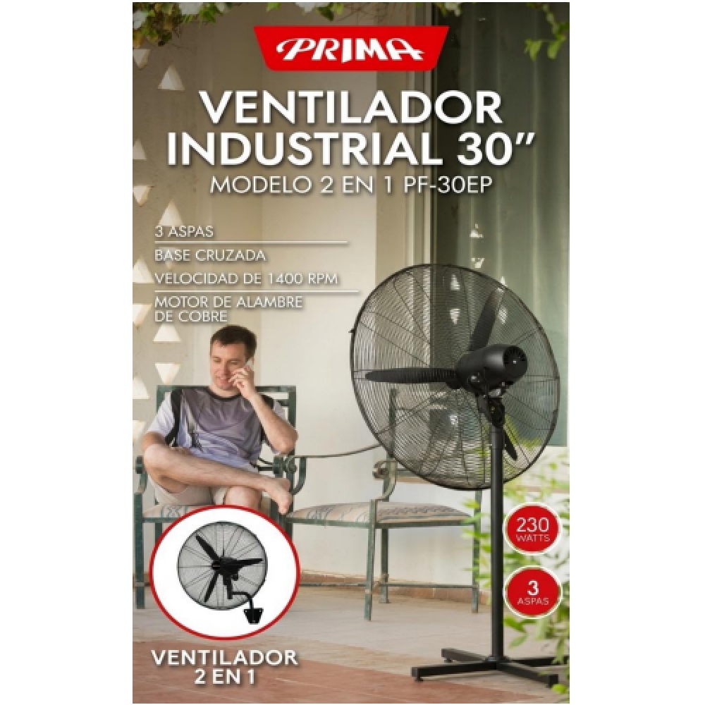 VENTILADOR PRIMA PF-30EP INDUSTRIAL DE PIE O PARED 30' 230 WATTS  NEGRO - 4