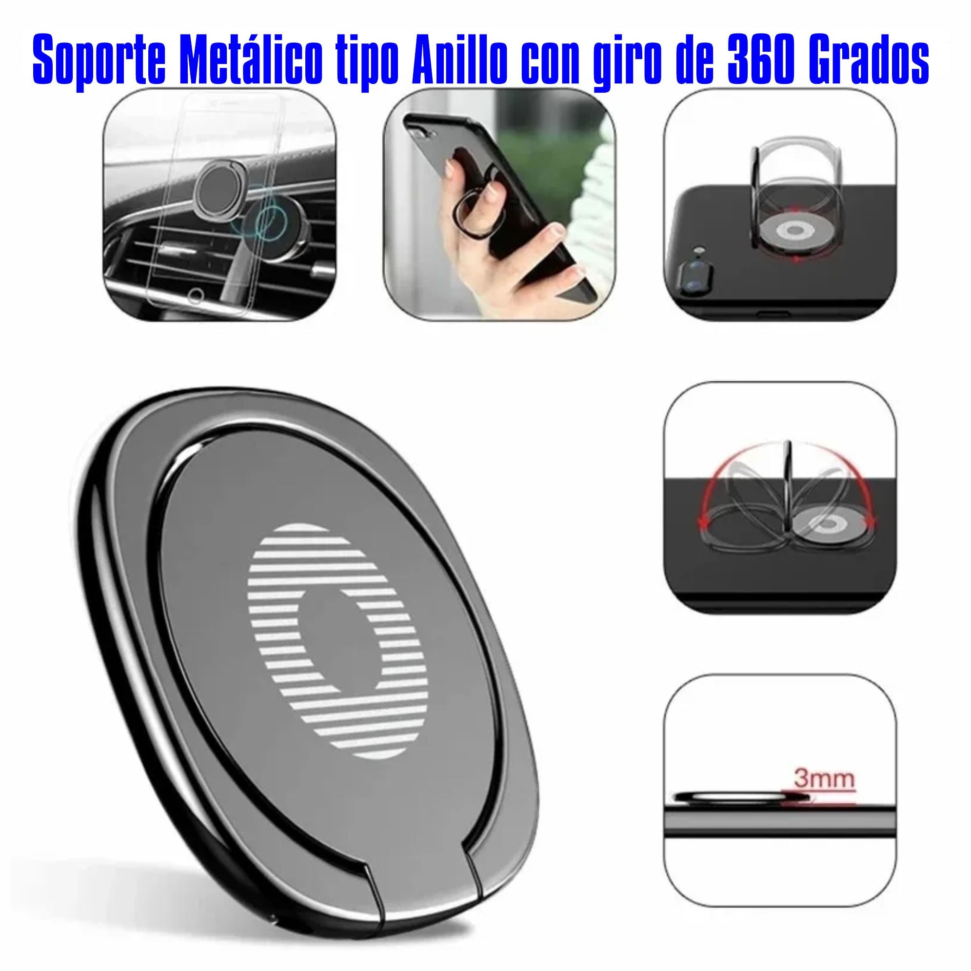 PACK 2 ANILLO SOPORTE METÁLICO GIRATORIO ADHESIVO PARA CELULARES - 2