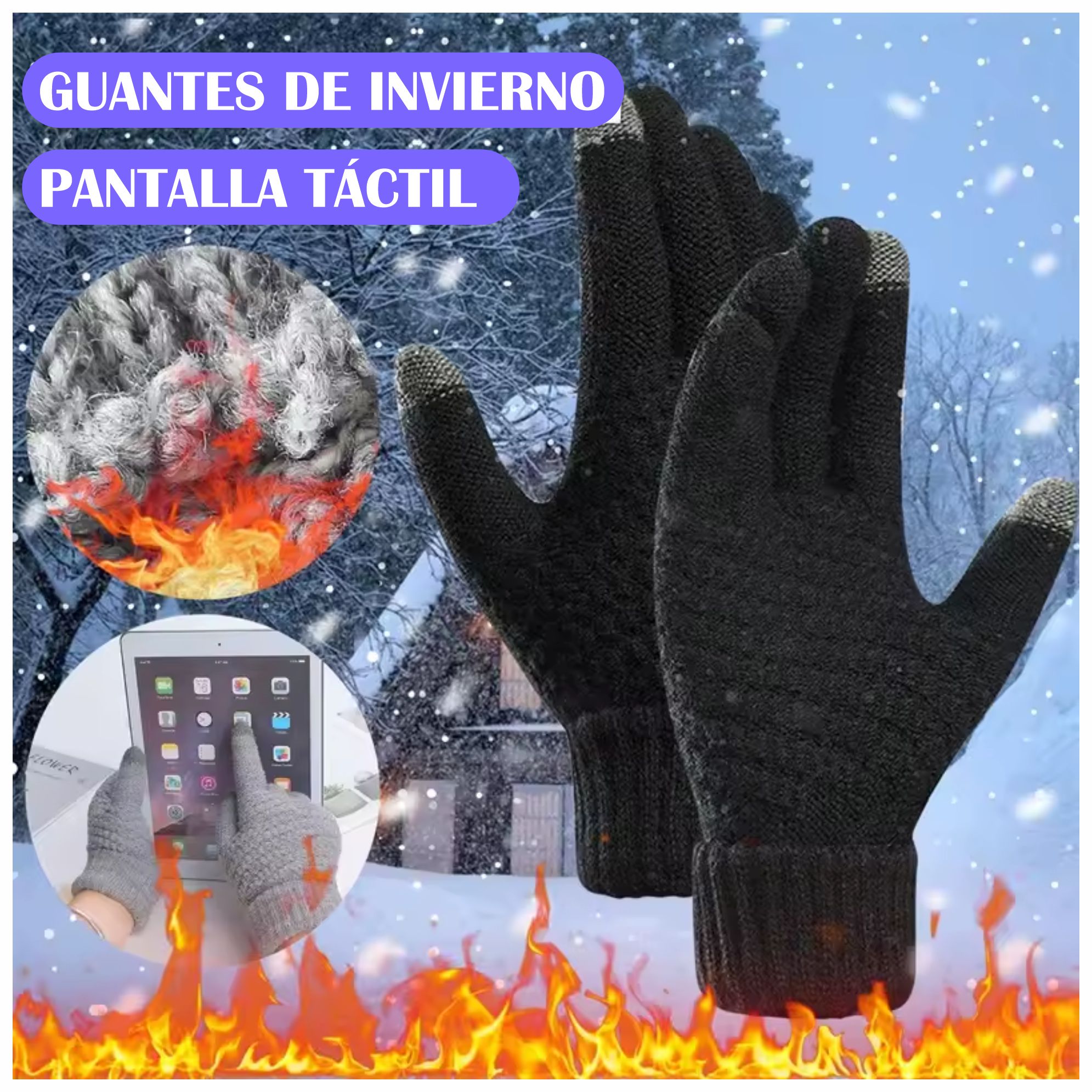GUANTES INVIERNO FRIO UNISEX PREMIUM TÁCTIL TOUCH NEGRO - 1