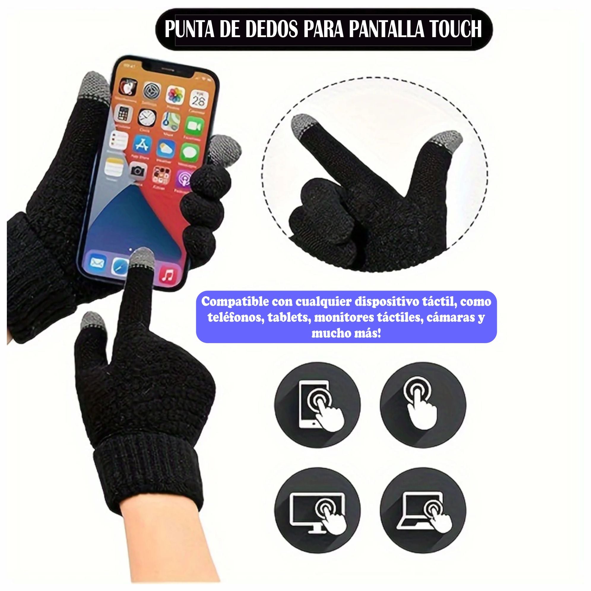GUANTES INVIERNO FRIO UNISEX PREMIUM TÁCTIL TOUCH NEGRO - 2