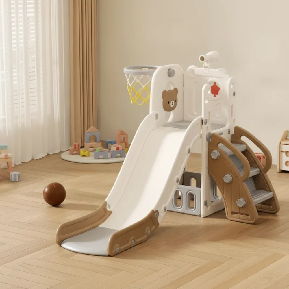RESBALADERA OSO 4 EN 1 CON ESCALADOR, ESPACIO PARA JUGUETES, ARO DE BASQUET Y TELESCOPIO - 1