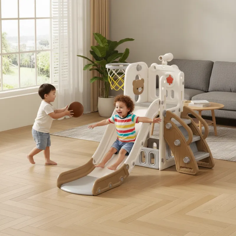 RESBALADERA OSO 4 EN 1 CON ESCALADOR, ESPACIO PARA JUGUETES, ARO DE BASQUET Y TELESCOPIO - 2