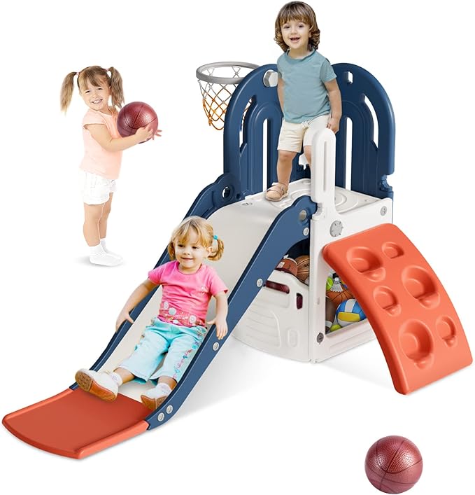 RESBALADERA 4 EN 1 CON ESCALADOR, ESPACIO PARA JUGUETES, ESPACIO PARA JUGUETES Y CESTO DE BASQUET - 1