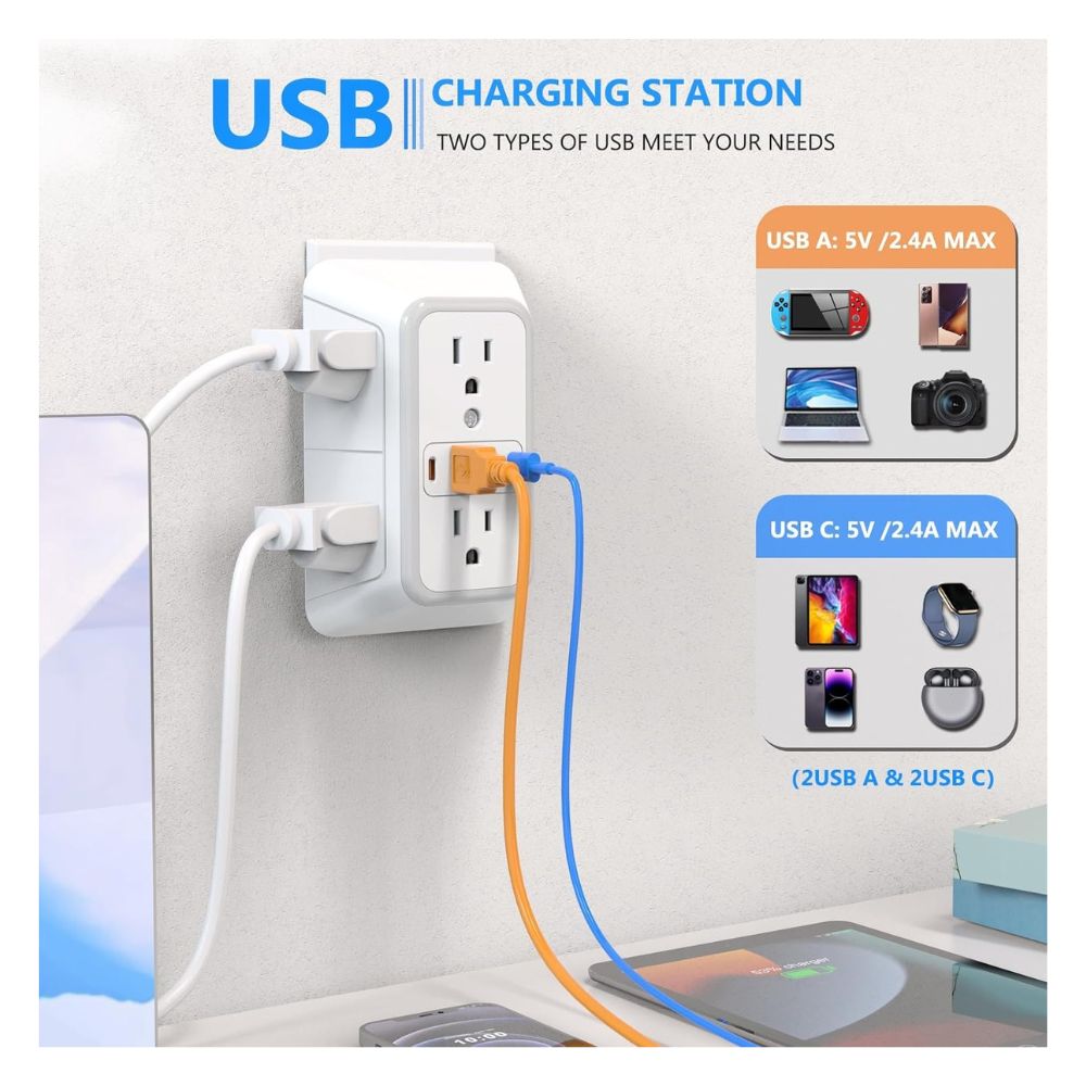 TOMA CORRIENTE DE PARED, 6 ENCHUFES, 4 PUERTOS DE CARGA USB - 2
