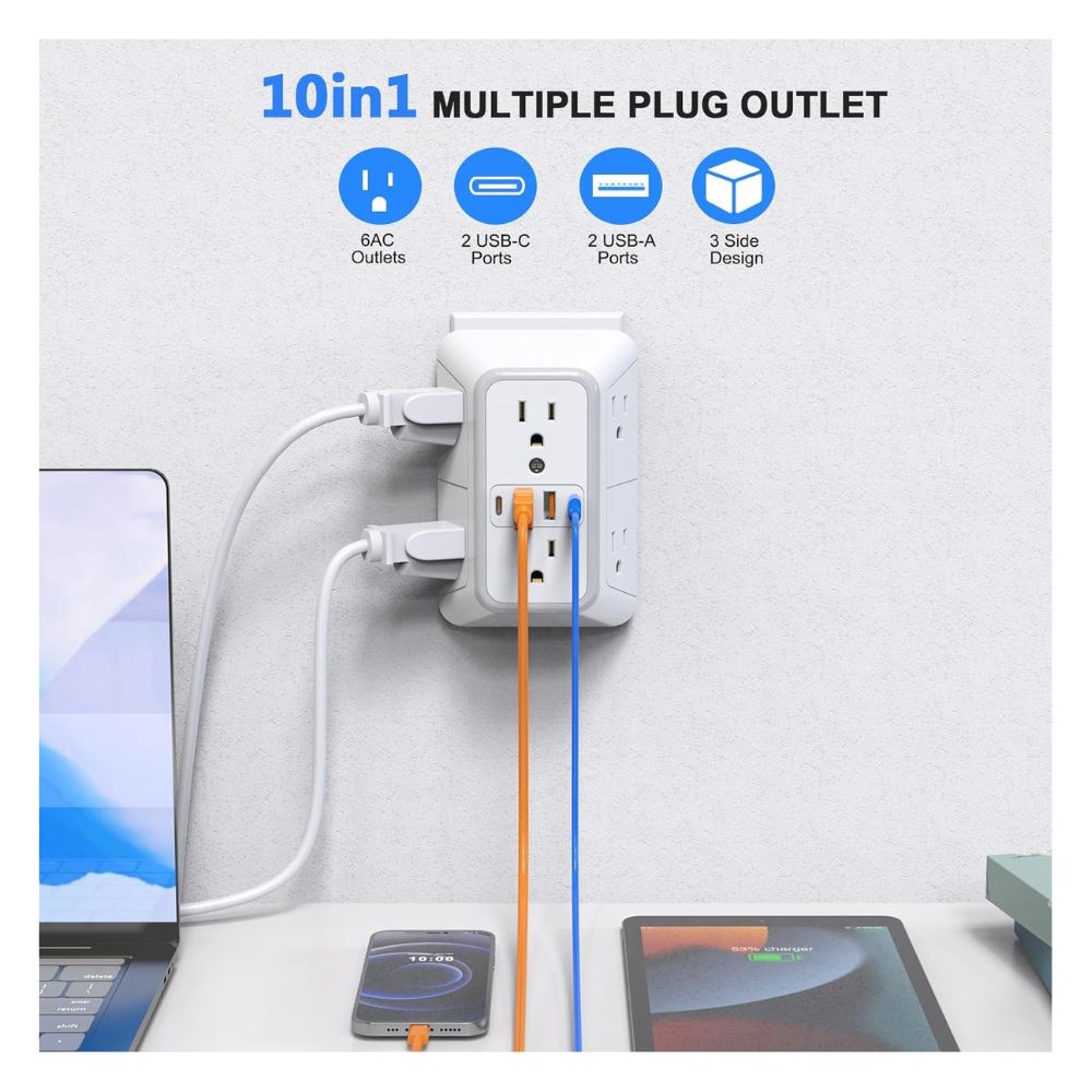 TOMA CORRIENTE DE PARED, 6 ENCHUFES, 4 PUERTOS DE CARGA USB - 3