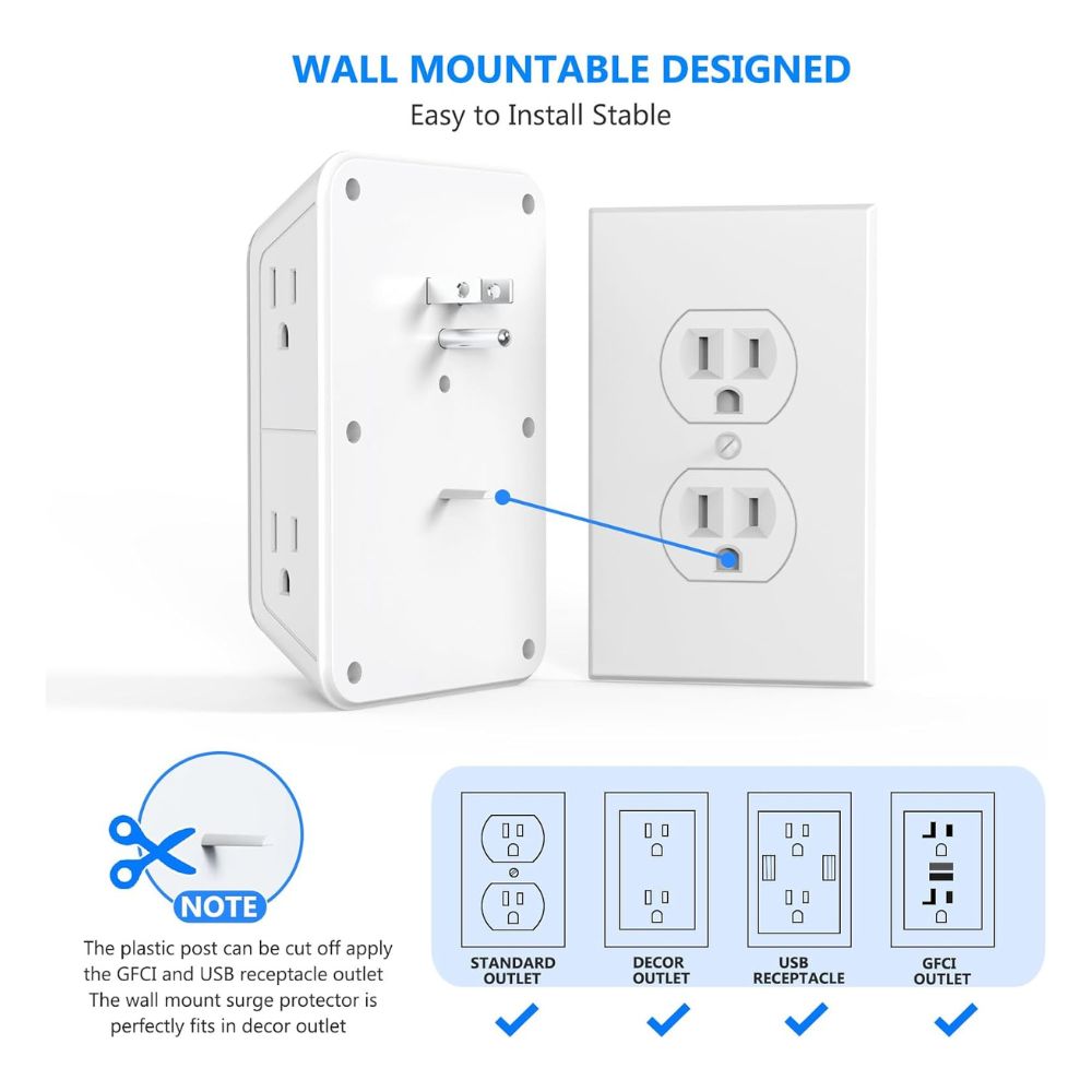 TOMA CORRIENTE DE PARED, 6 ENCHUFES, 4 PUERTOS DE CARGA USB - 5