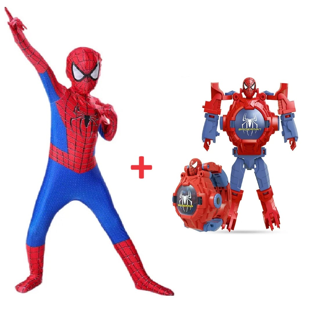 PACK DISFRAZ UNISEX MINISO ROJO SPIDERMAN + RELOJ PULSERA TRASFORMA ROBOT PROYECTOR HALLOWEEN DÍA DEL NIÑO NAVIDAD - 2
