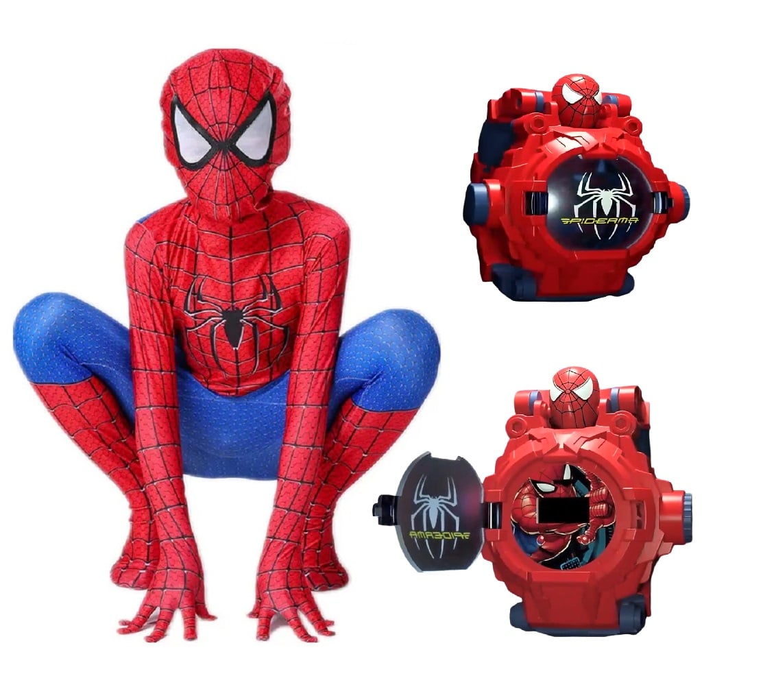 PACK DISFRAZ UNISEX MINISO ROJO SPIDERMAN + RELOJ PULSERA TRASFORMA ROBOT PROYECTOR HALLOWEEN DÍA DEL NIÑO NAVIDAD - 3