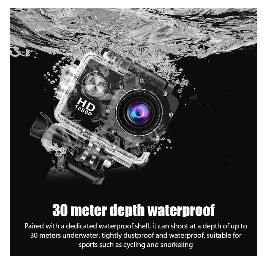 CÁMARA DEPORTIVA ACUÁTICA 1080P FULL HD + CARCASA IMPERMEABLE HASTA 30M + ACCESORIOS DEPORTES GENIEKA - 8