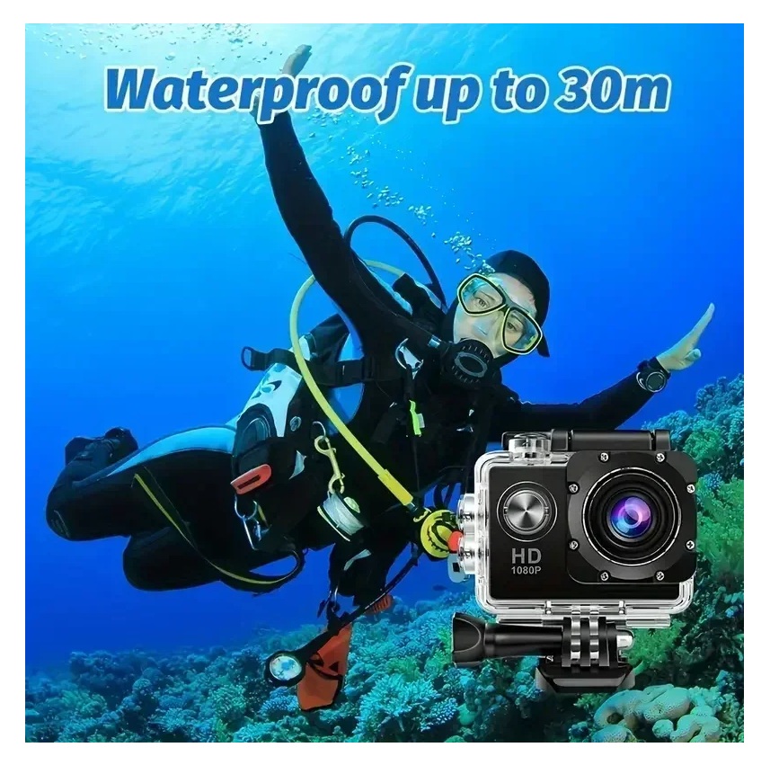 CÁMARA OUTDOOR ACUÁTICA 1080P FULL HD + CARCASA WATERPROOF HASTA 30M + ACCESORIOS DEPORTES GENIEKA - 9