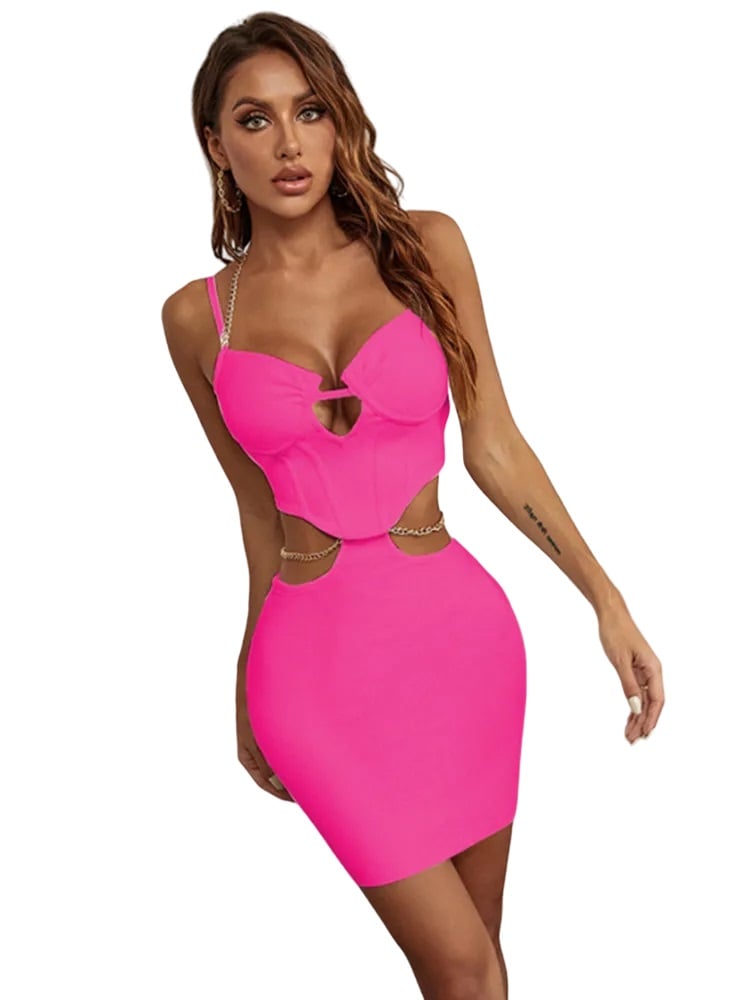 CONJUNTO TOP Y FALDA FUCSIA SEXY FIESTA EXCLUSIVO EDICIÓN LIMITADA MUJER VESTIDO 2 PIEZAS CON CADENA GENIEKA - 1