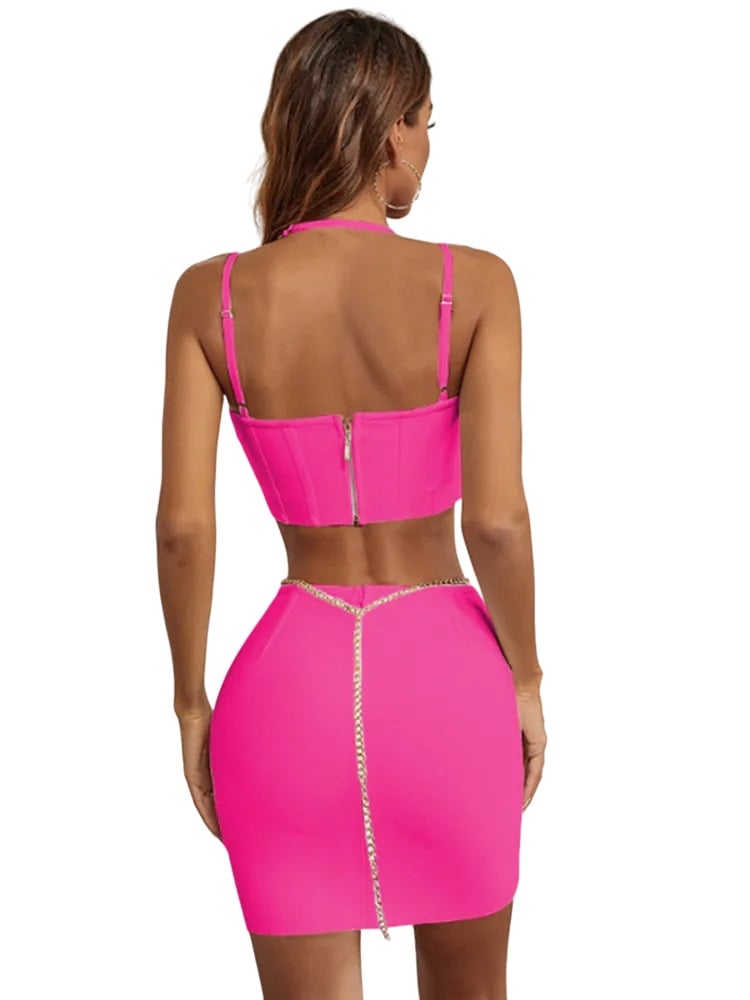 CONJUNTO TOP Y FALDA FUCSIA SEXY FIESTA EXCLUSIVO EDICIÓN LIMITADA MUJER VESTIDO 2 PIEZAS CON CADENA GENIEKA - 2