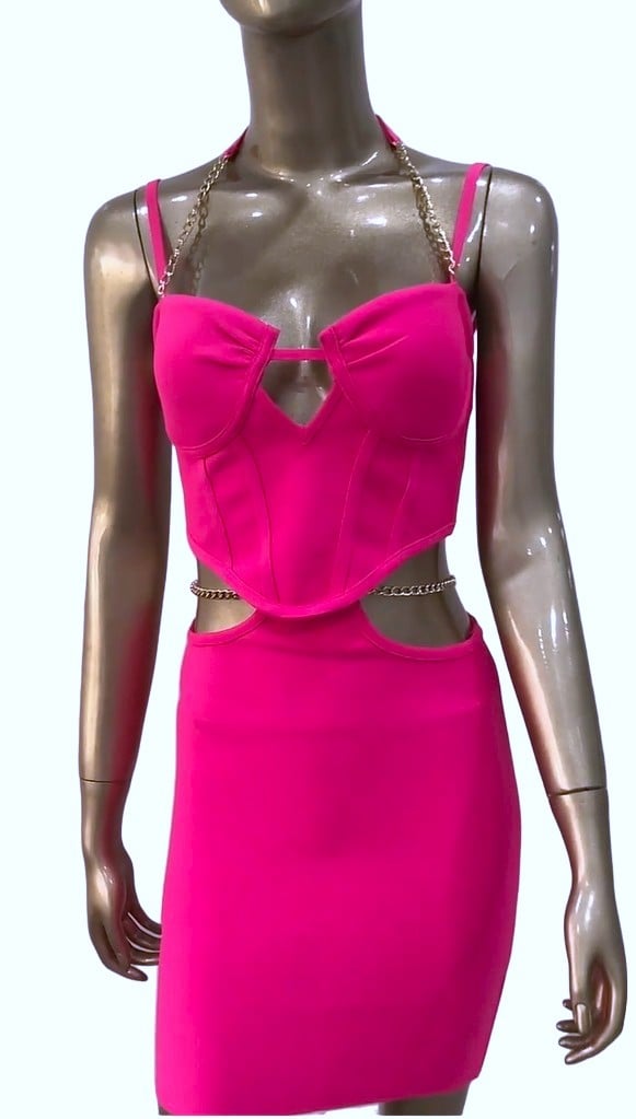 CONJUNTO TOP Y FALDA FUCSIA SEXY FIESTA EXCLUSIVO EDICIÓN LIMITADA MUJER VESTIDO 2 PIEZAS CON CADENA GENIEKA - 3