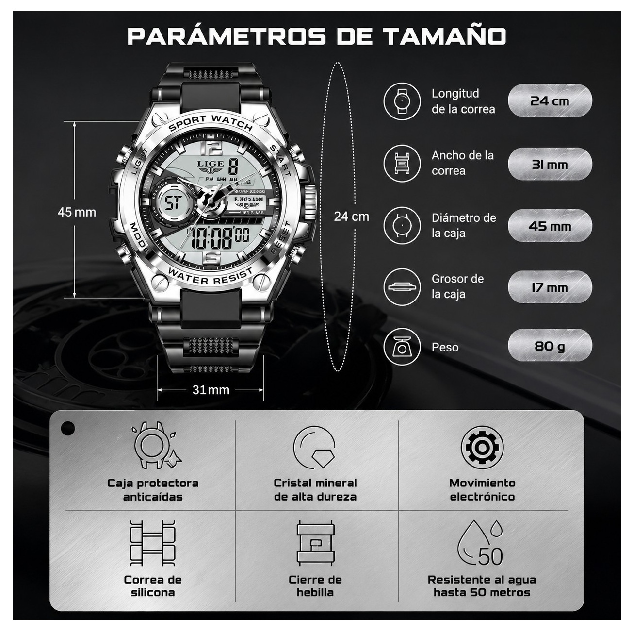RELOJ LIGE HOMBRE CUARZO LED RESISTENTE AL AGUA ELEGANTE DEPORTE REGALO DIA DEL PADRE PAPÁ NAVIDAD GENIEKA - 6