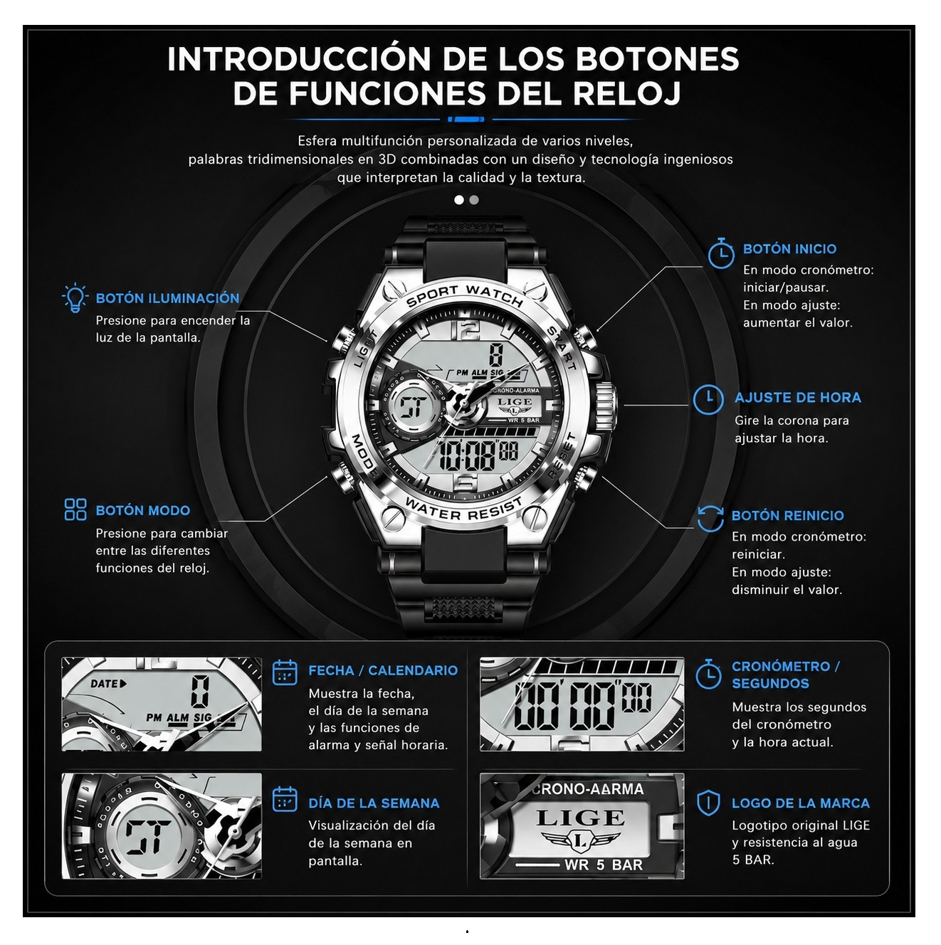 RELOJ LIGE HOMBRE CUARZO LED RESISTENTE AL AGUA ELEGANTE DEPORTE REGALO DIA DEL PADRE PAPÁ NAVIDAD GENIEKA - 7
