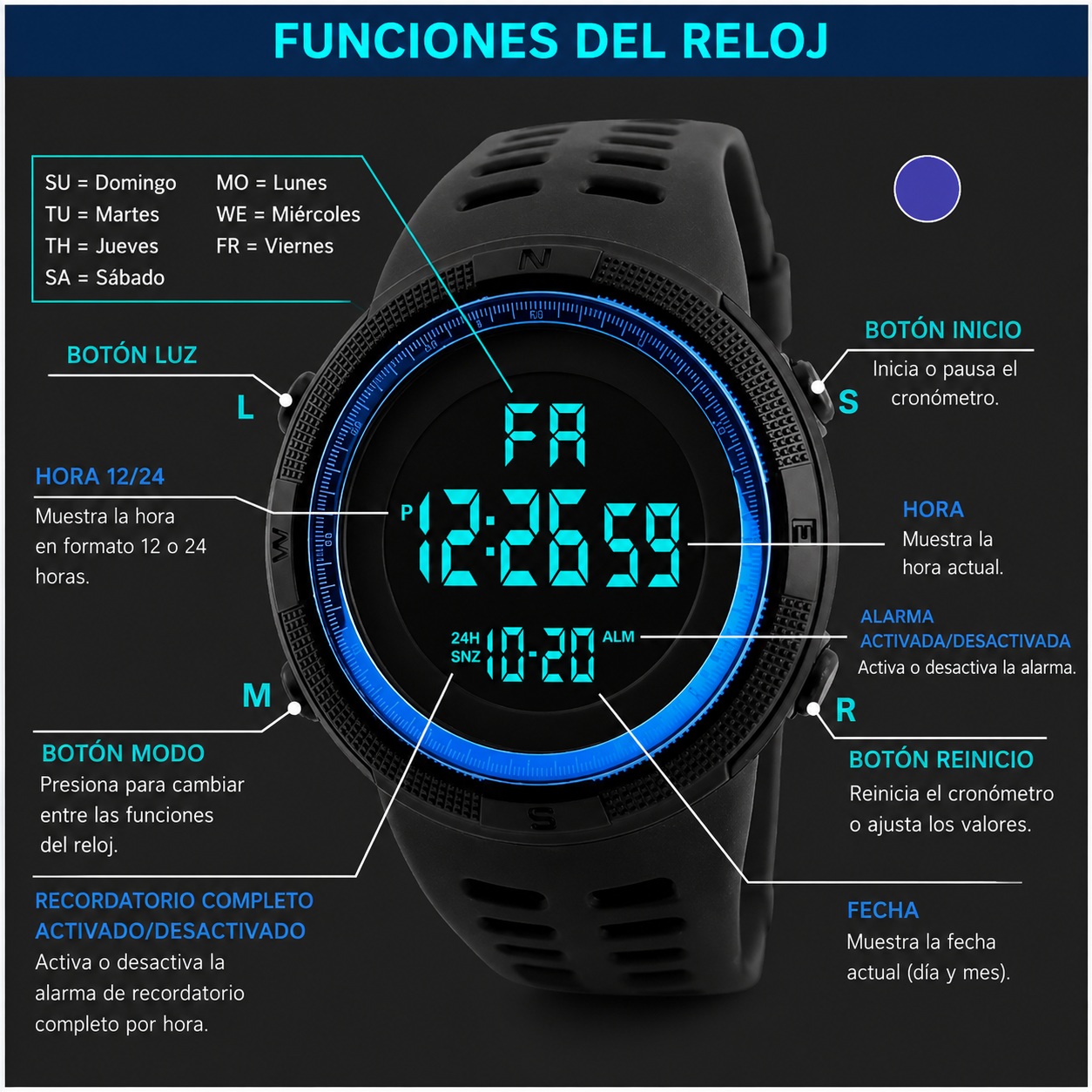 RELOJ DIGITAL HOMBRE DEPORTIVO LED NEGRO AZUL MODERNO REGALO DIA DEL PADRE PAPÁ NAVIDAD GENIEKA - 4