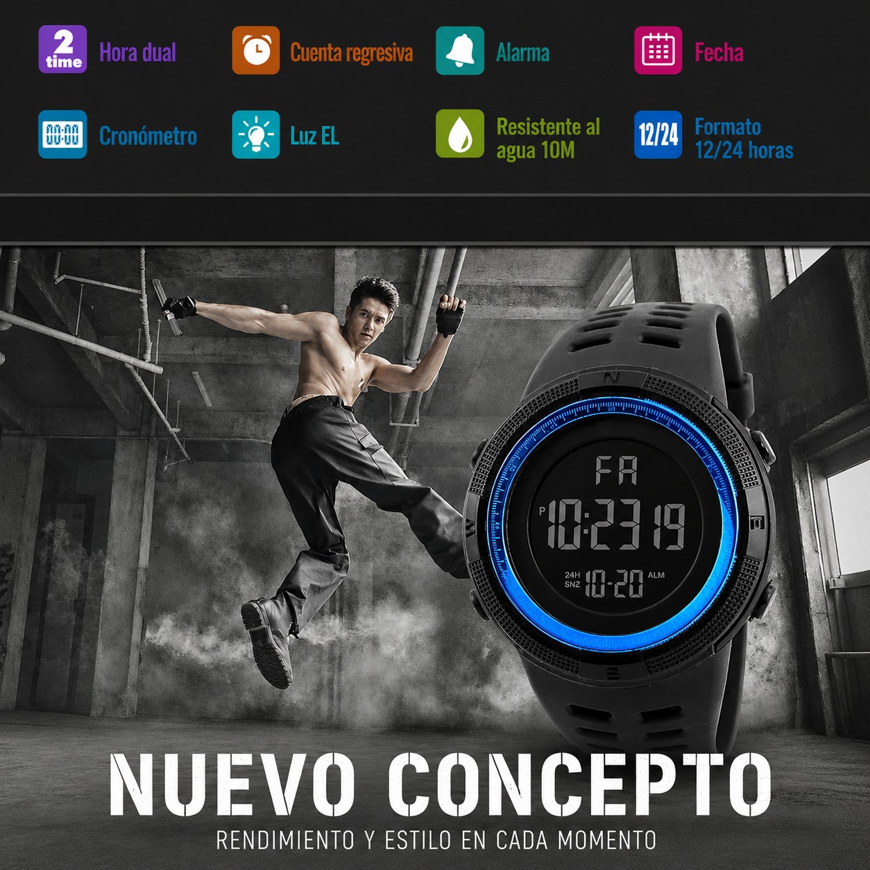 RELOJ DIGITAL HOMBRE DEPORTIVO LED NEGRO AZUL MODERNO REGALO DIA DEL PADRE PAPÁ NAVIDAD GENIEKA - 5