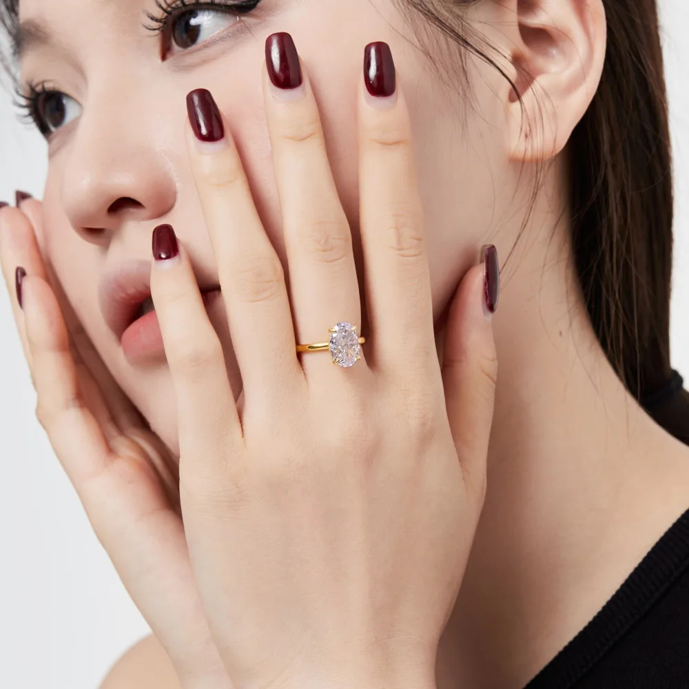 ANILLO DE COMPROMISO OVALADO BAÑADO EN ORO AMARILLO 18K ZIRCONIA CRISTAL ARO SOLITARIO TIPO DIAMANTE JOYA TENDENCIA GENIEKA - 2