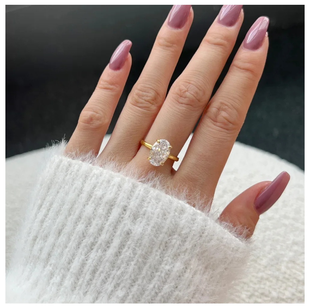 ANILLO DE COMPROMISO OVALADO BAÑADO EN ORO AMARILLO 18K ZIRCONIA CRISTAL ARO SOLITARIO TIPO DIAMANTE JOYA TENDENCIA GENIEKA - 3