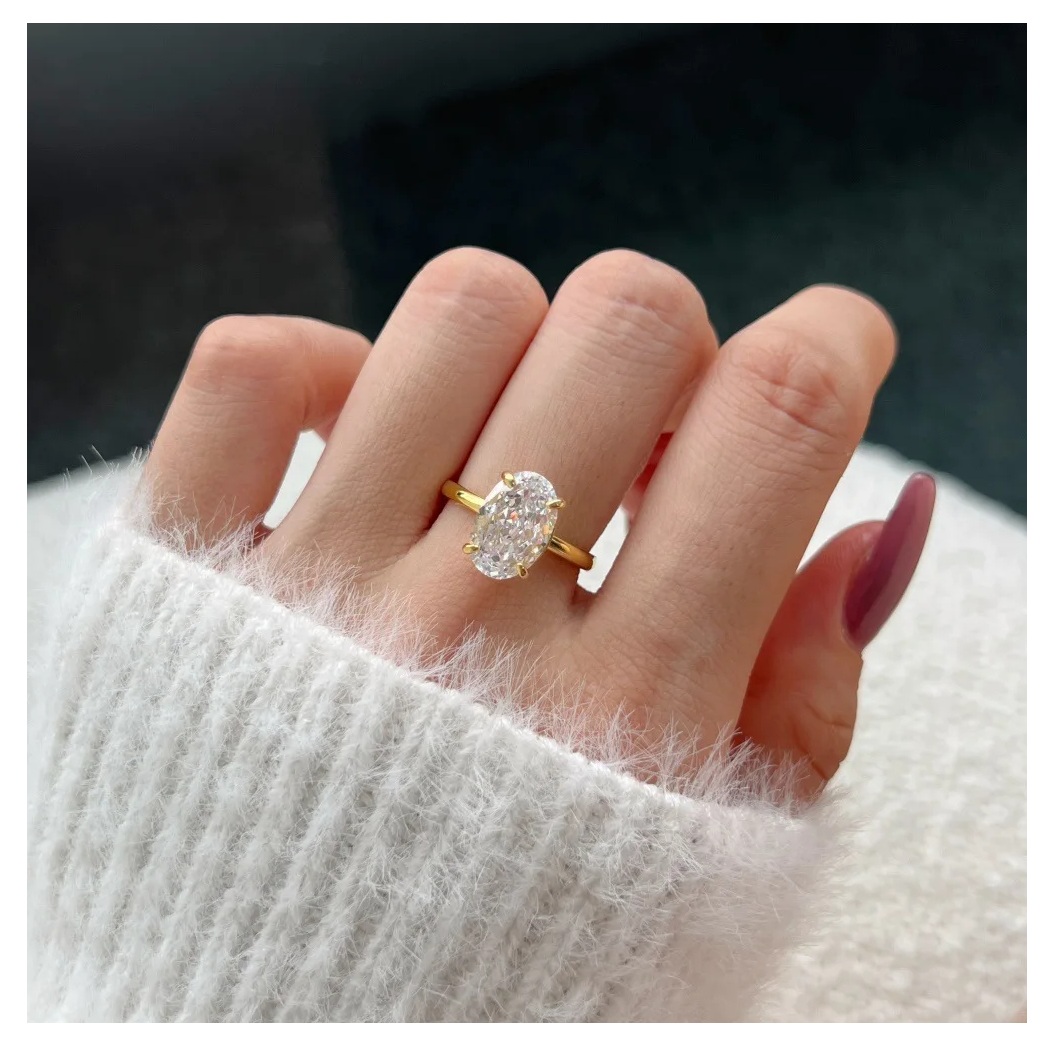 ANILLO DE COMPROMISO OVALADO BAÑADO EN ORO AMARILLO 18K ZIRCONIA CRISTAL ARO SOLITARIO TIPO DIAMANTE JOYA TENDENCIA GENIEKA - 5