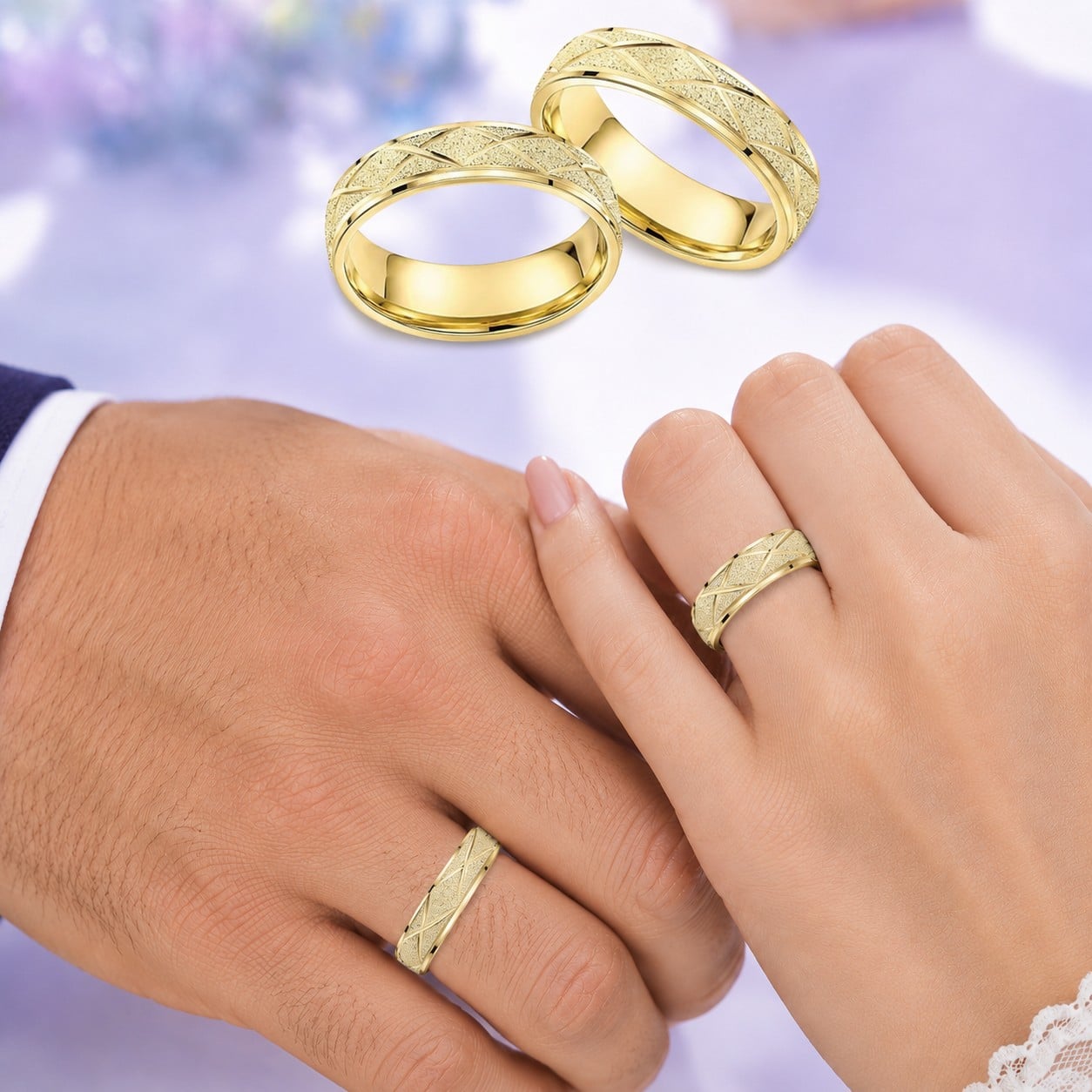 ANILLO DE BODA MATRIMONIO HOMBRE SHINY CROSS LINES ARO DORADO COMPROMISO ANIVERSARIO REGALO GENIEKA - 1