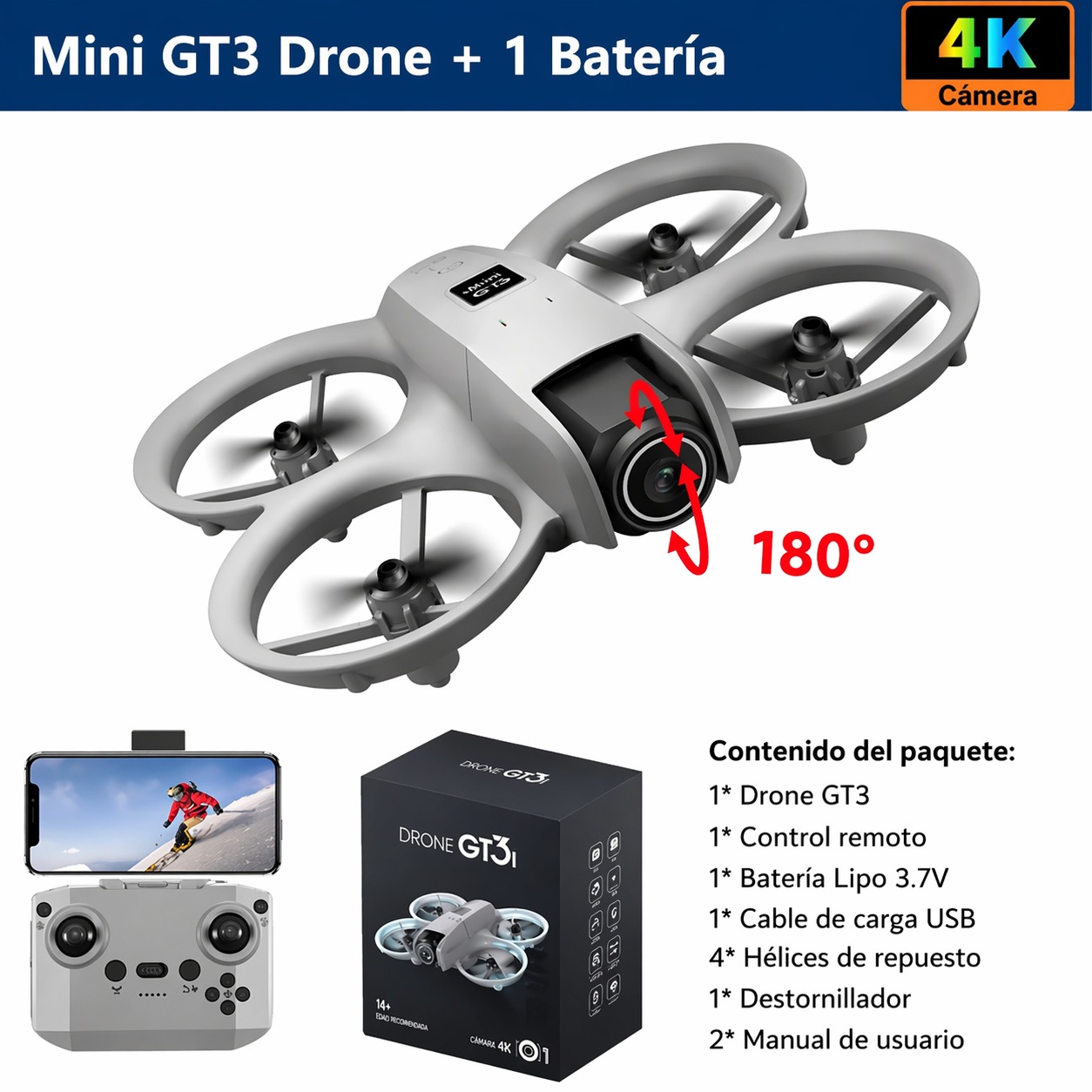 DRON GT3 DOBLE CÁMARA 4K + CONTROL REMOTO DUAL CAMERA 4K FOTO HD VIDEO LUCES LED NAVIDAD GENIEKA - 2