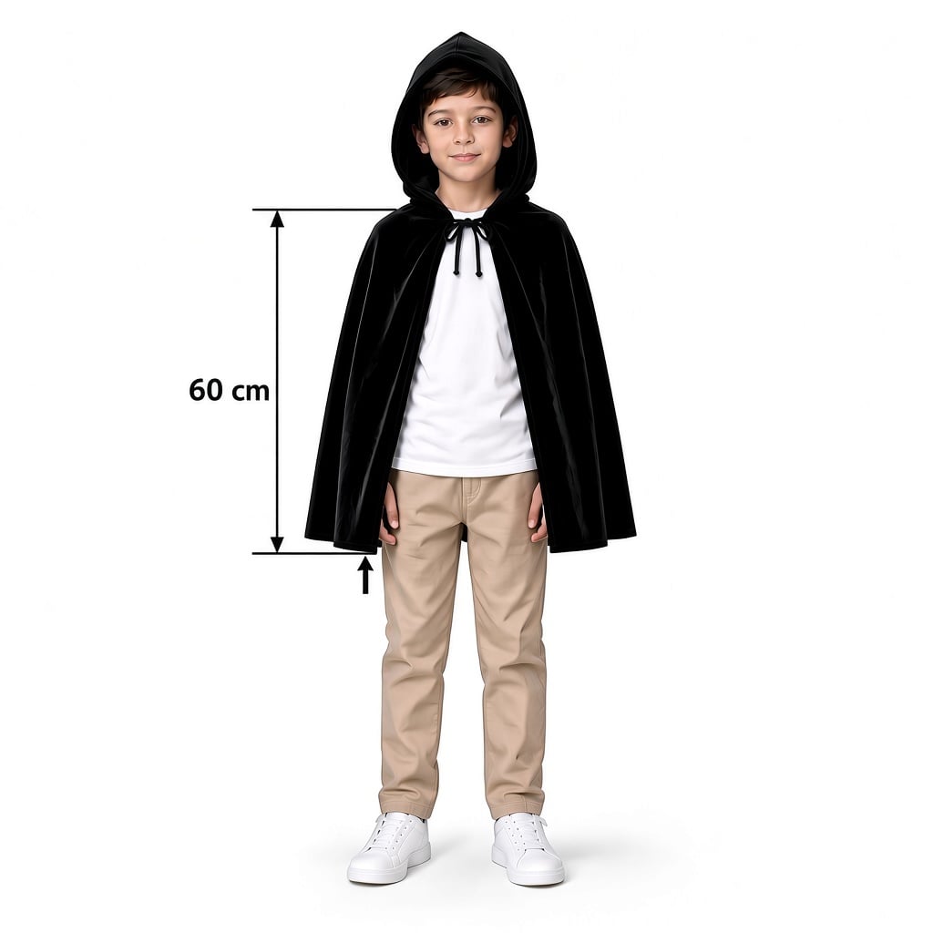 CAPA CON CAPUCHA DE TERCIOPELO 60 CM NIÑOS NEGRA ESTILO GÓTICO BRUJA VAMPIRO REGALO DISFRAZ NAVIDAD HALLOWEEN GENIEKA - 9