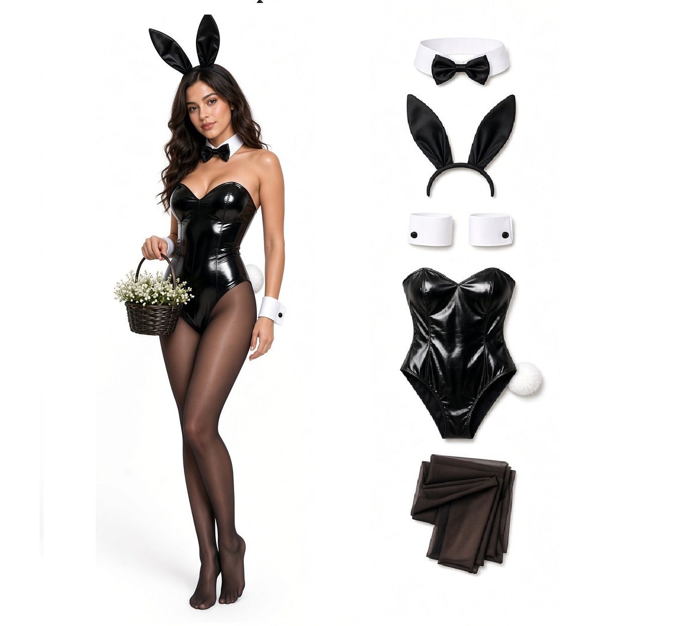 DISFRAZ CONEJITA SAKURAJIMA MAI CORSET NEGRO + OREJAS + CUELLO LAZO + MUÑEQUERAS + MEDIAS SEXY BODY NAVIDAD HALLOWEEN GENIEKA - 1