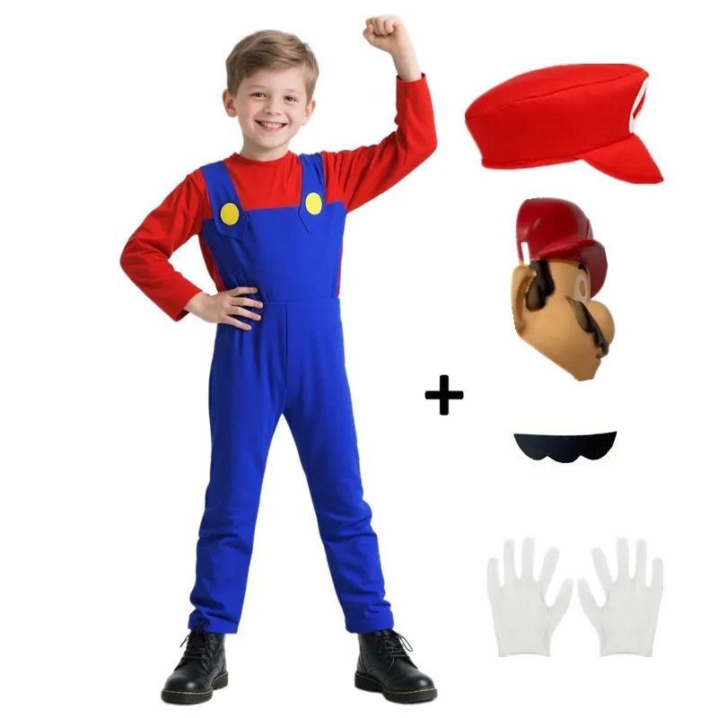 DISFRAZ MARIO BROS NIÑOS ACCESORIOS MÁSCARA CONJUNTO UNIFORME GAME BROTHERS ACCESORIOS REGALO NAVIDAD HALLOWEEN GENIEKA - 1