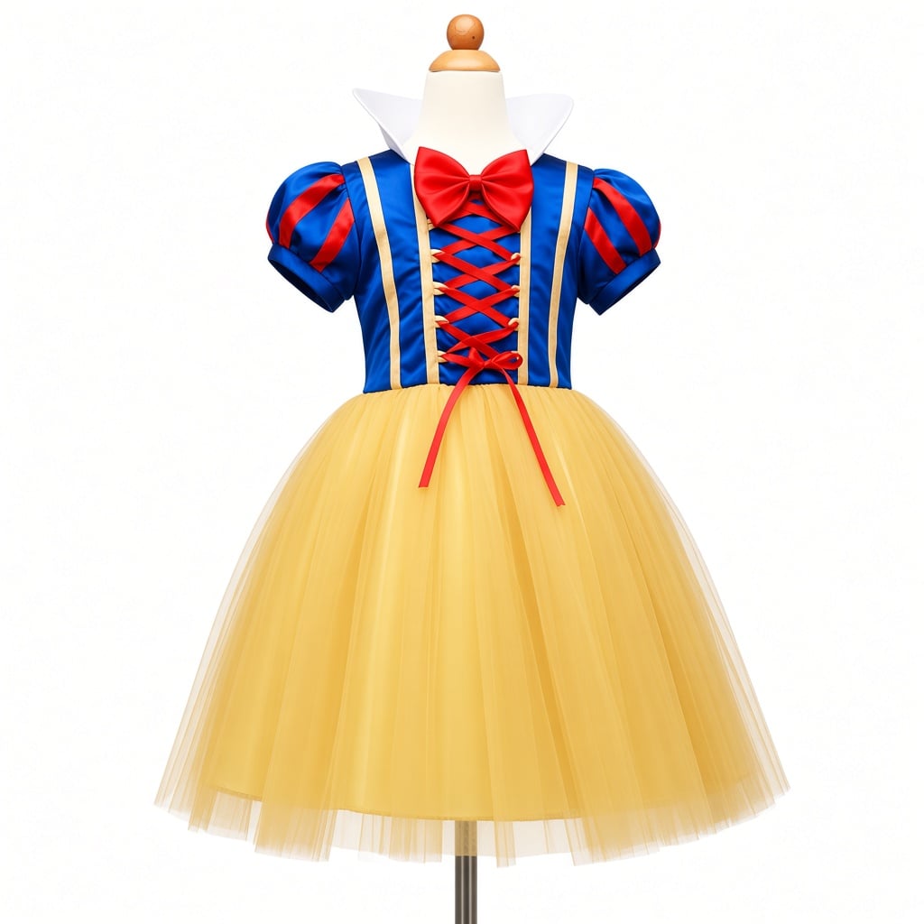 VESTIDO BLANCANIEVES NIÑA + VINCHA LAZO ROJO + CORONA + VARITA + ARETES + COLLAR DORADO + GUANTES + CAPA DISFRAZ NAVIDAD GENIEKA - 6