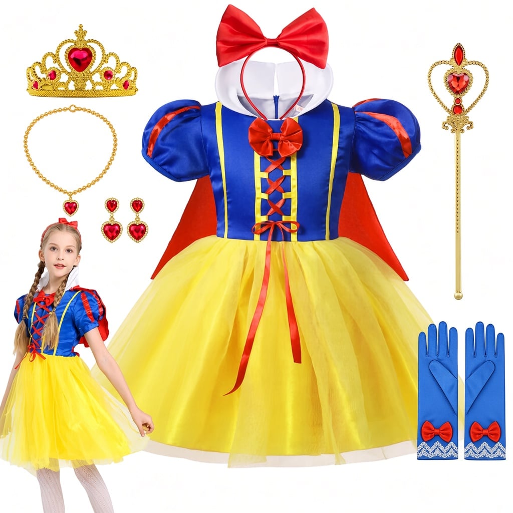 VESTIDO BLANCANIEVES NIÑA + VINCHA LAZO ROJO + CORONA + VARITA + ARETES + COLLAR DORADO + GUANTES + CAPA DISFRAZ NAVIDAD GENIEKA - 2