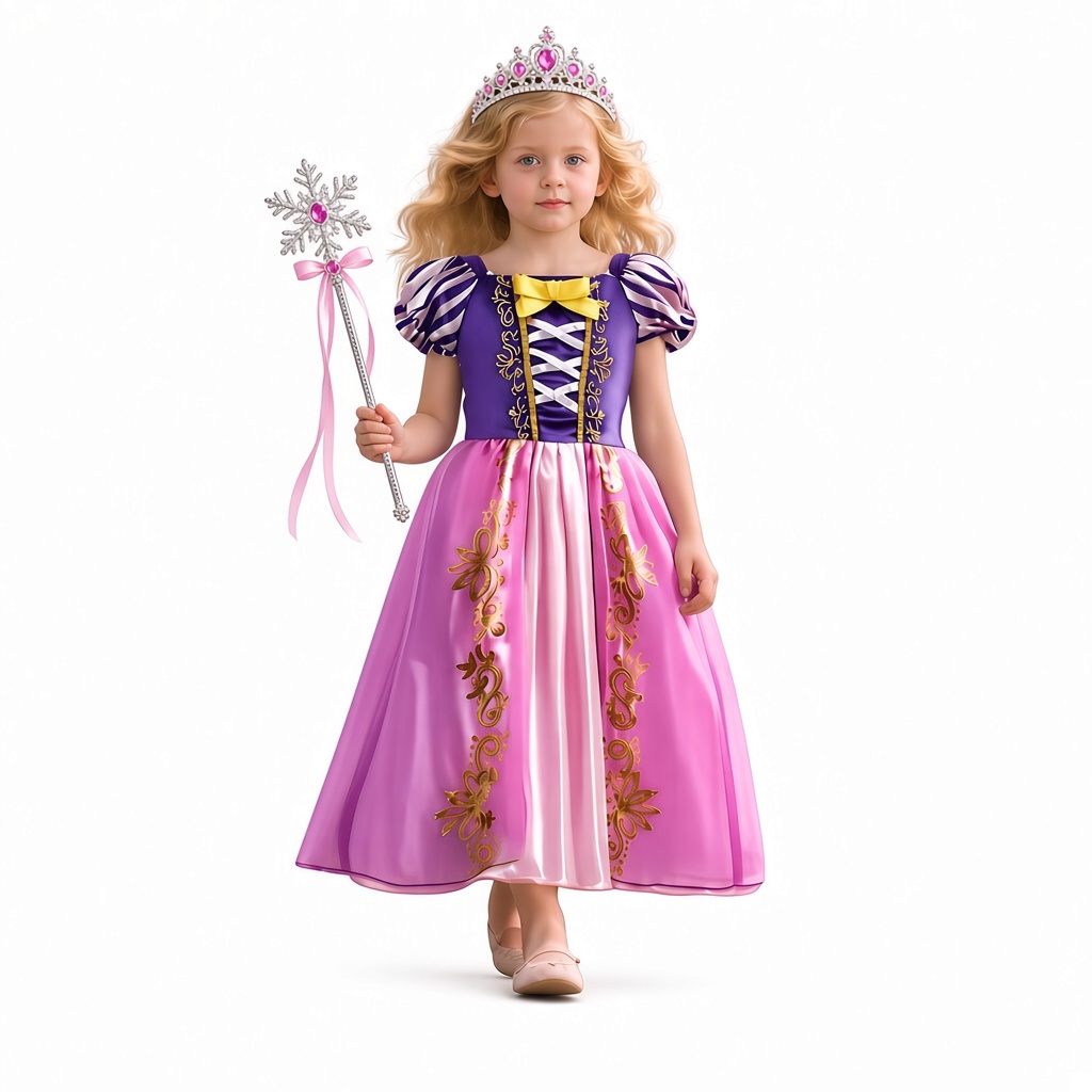 VESTIDO PRINCESA MORADO ROSA + CORONA + VARITA NIÑA CUMPLEAÑOS FANTASÍA REGALO DISFRAZ NAVIDAD HALLOWEEN GENIEKA - 1