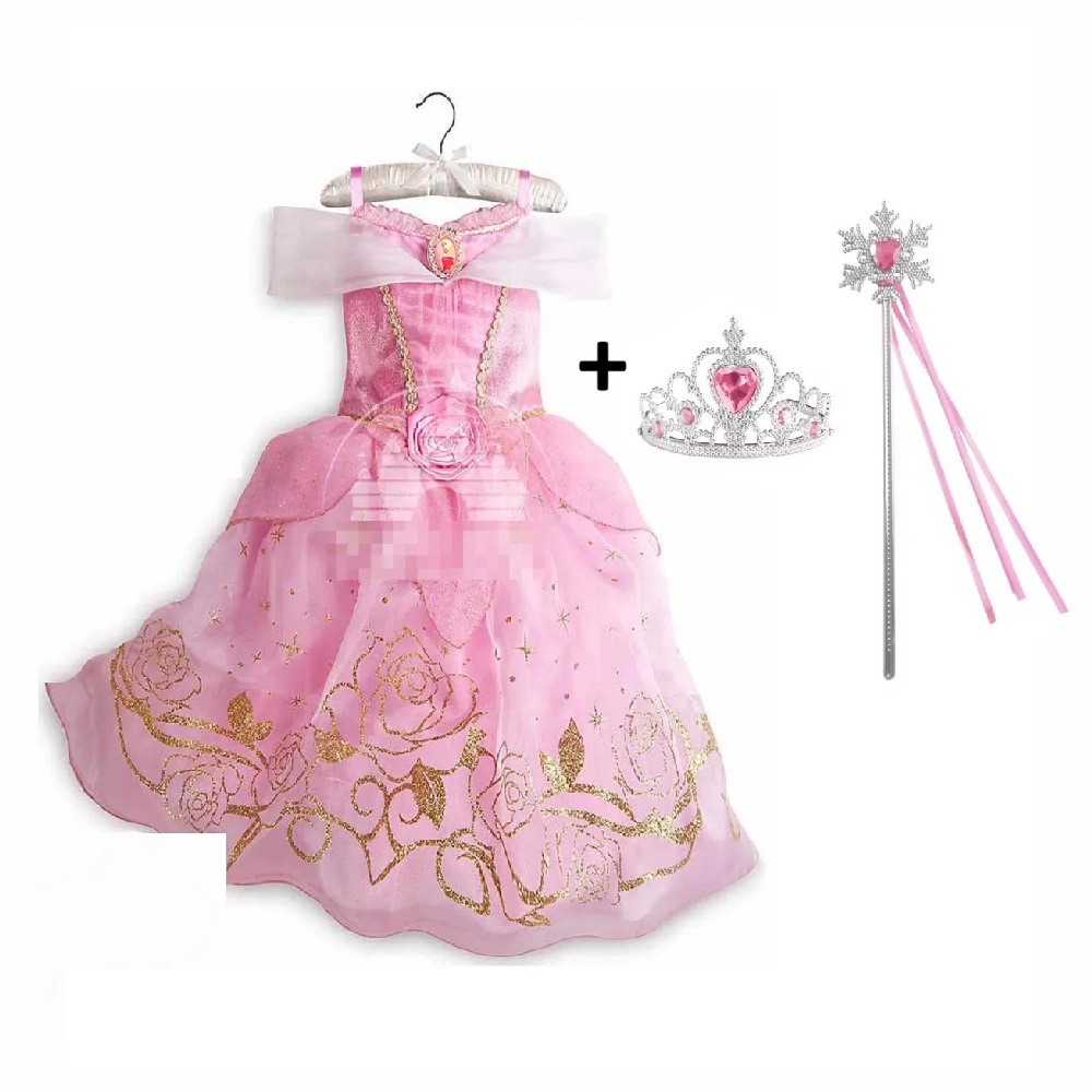 VESTIDO + CORONA + VARITA BELLA DURMIENTE ROSADO NIÑAS ACCESORIOS DISFRAZ REGALO NAVIDAD HALLOWEEN GENIEKA - 2