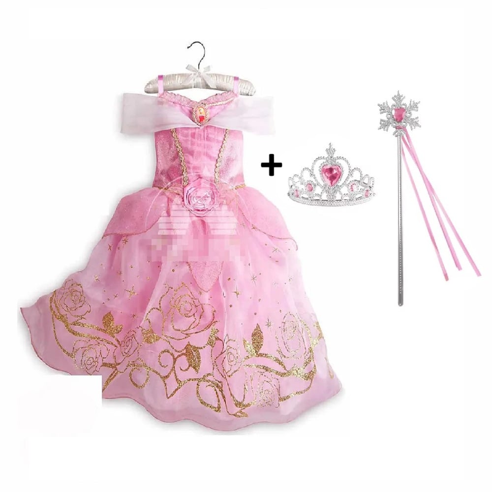 VESTIDO + CORONA + VARITA BELLA DURMIENTE ROSADO NIÑAS ACCESORIOS DISFRAZ REGALO NAVIDAD HALLOWEEN GENIEKA - 2